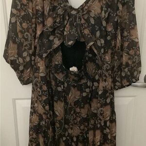 Letrue Plus Sz Brwn & Blk Sq. Neck Floral Dress W/Semi Sheer Puff Sleeves Sz  1X